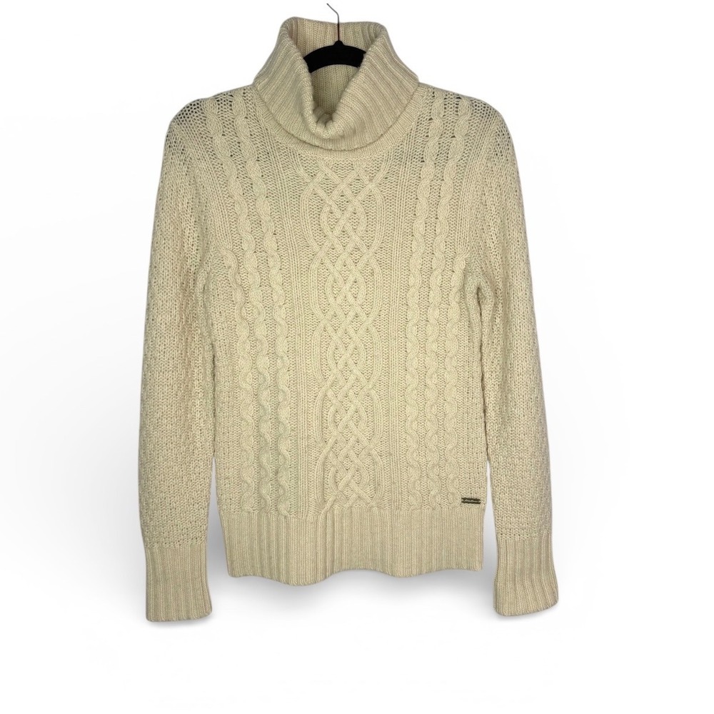 Eddie Bauer Womens Cream Cable Knit Turtleneck Sweater‎ Size XS Lambswool Blend